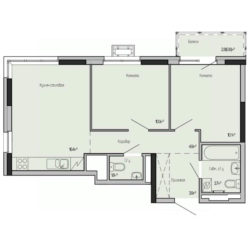 2-комн.кв., 51,4 м², 3/17 этаж