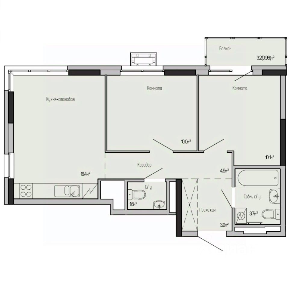 2-комн.кв., 51,6 м², 8/17 этаж