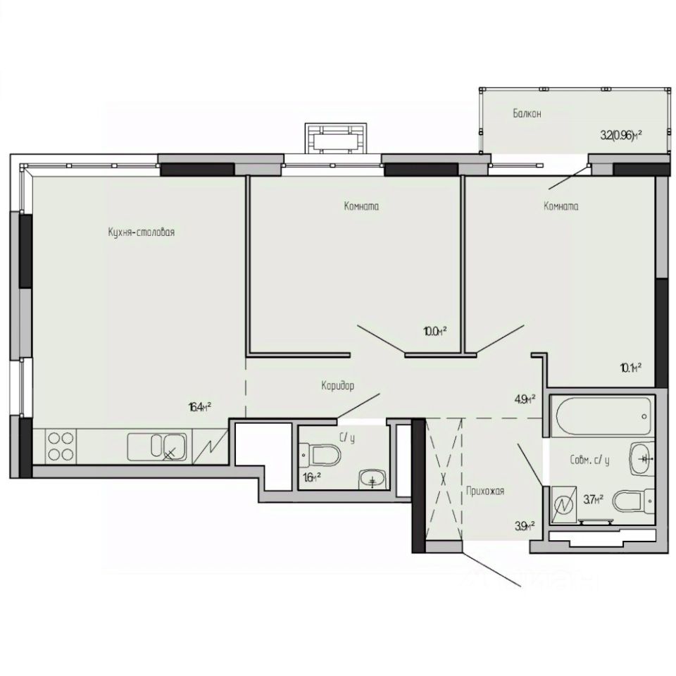 2-комн.кв., 51,6 м², 14/17 этаж