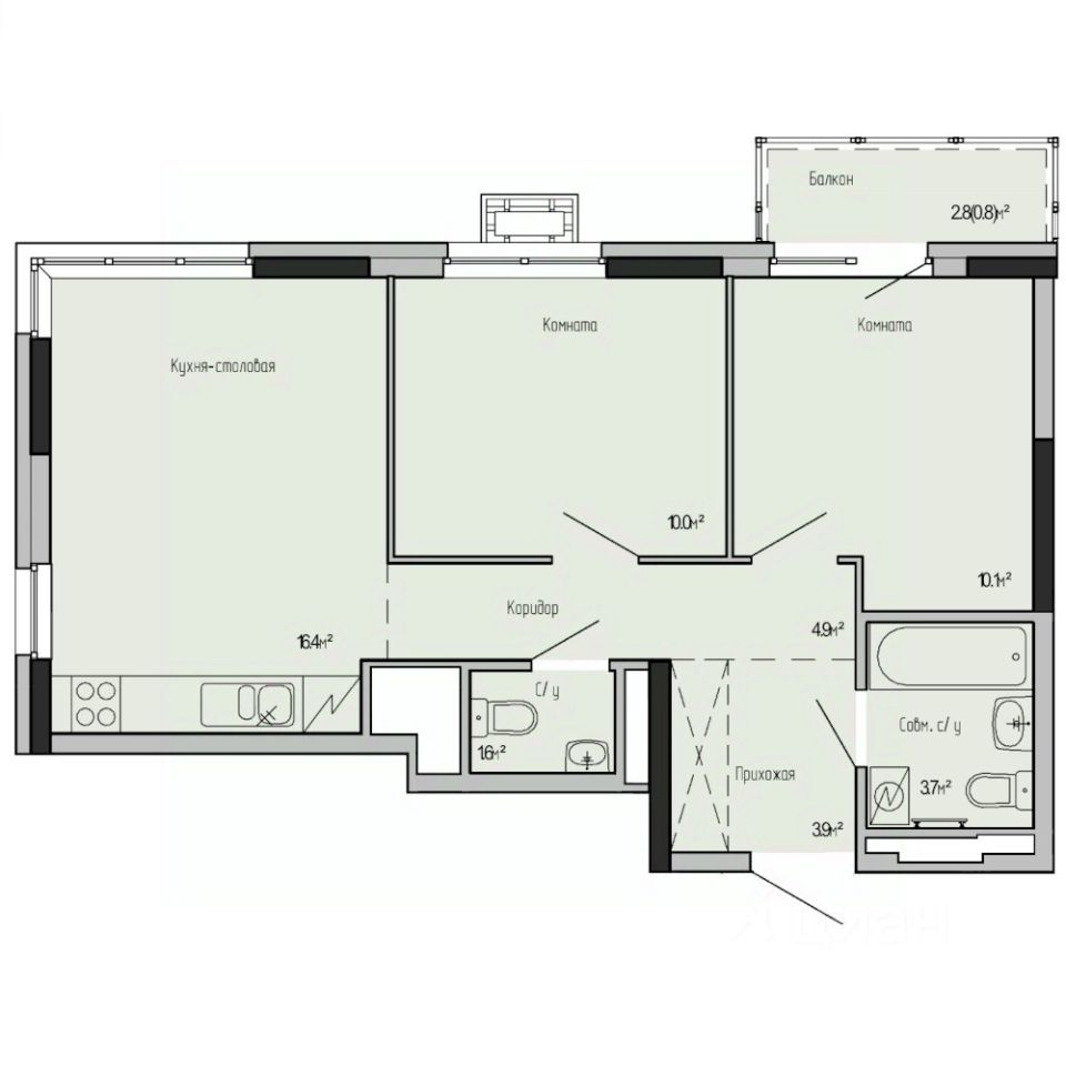 2-комн.кв., 51,4 м², 17/17 этаж