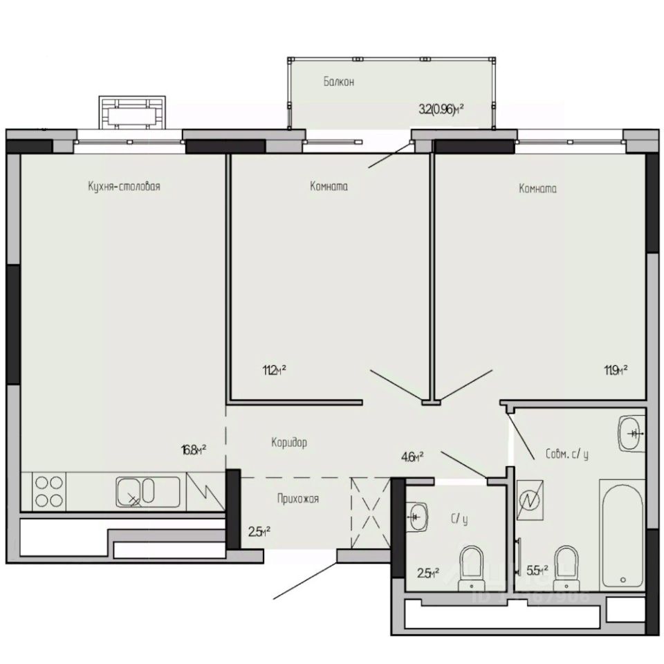 2-комн.кв., 56 м², 2/17 этаж