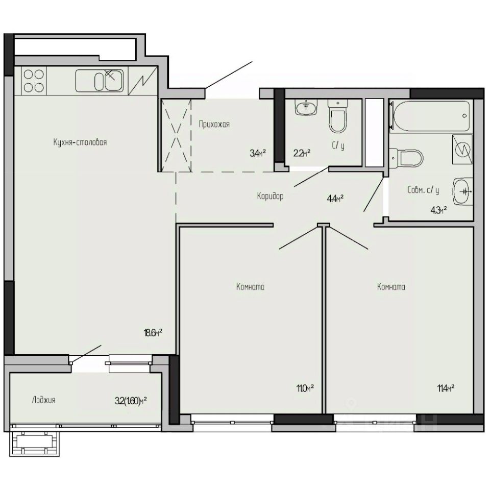 2-комн.кв., 56,9 м², 5/17 этаж