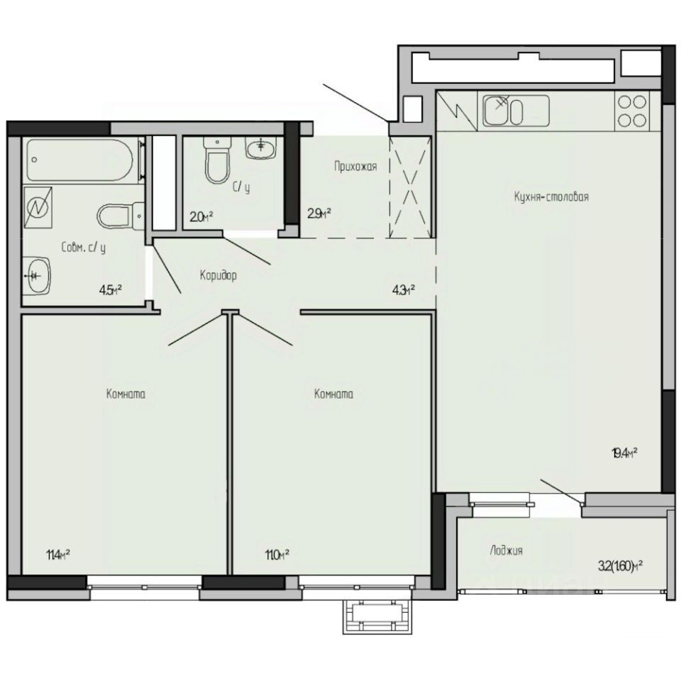 2-комн.кв., 57,1 м², 9/17 этаж