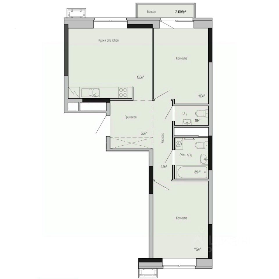 2-комн.кв., 56,2 м², 2/17 этаж