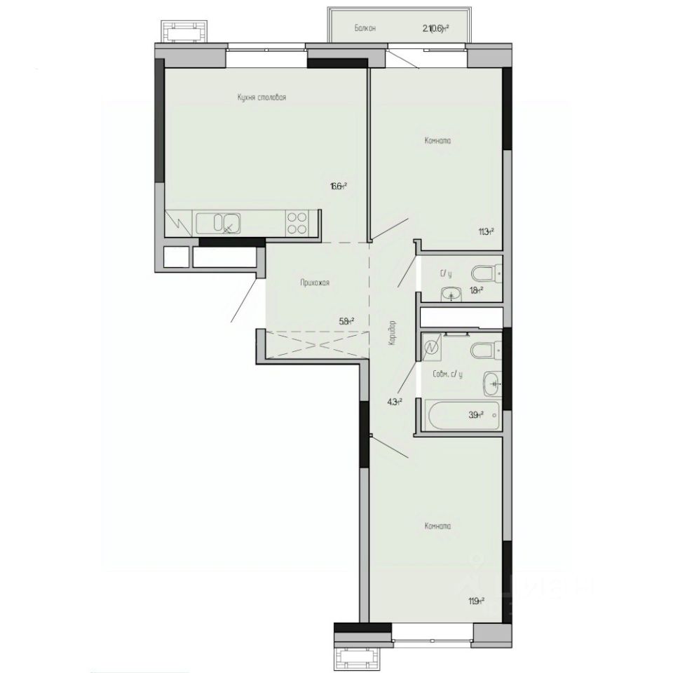 2-комн.кв., 56,2 м², 6/17 этаж