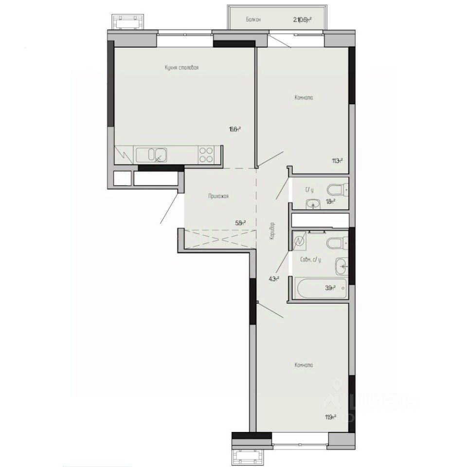 2-комн.кв., 56,2 м², 10/17 этаж