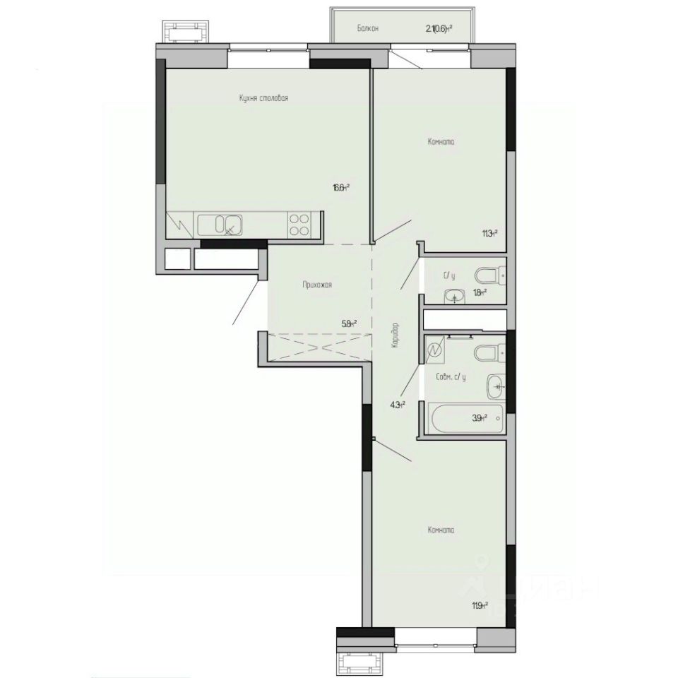 2-комн.кв., 56,2 м², 14/17 этаж