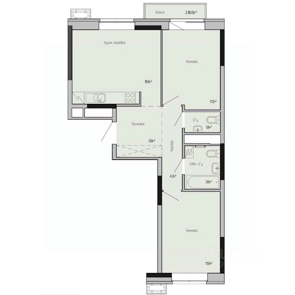 2-комн.кв., 56,2 м², 17/17 этаж