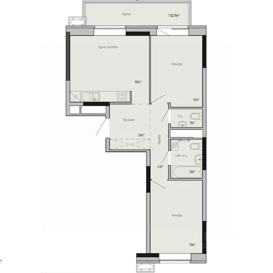 2-комн.кв., 57,8 м², 8/17 этаж