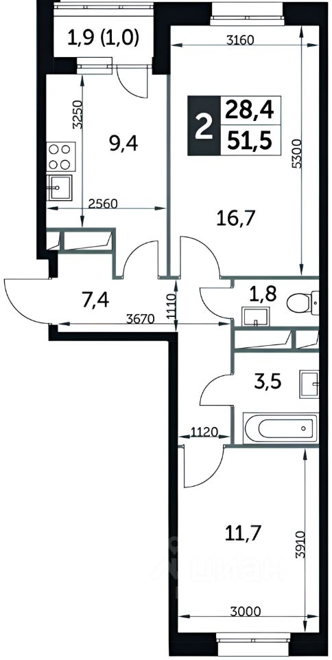 Планировка этой квартиры по данным Циан