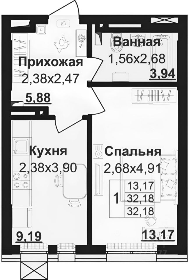 Планировка этой квартиры по данным Циан