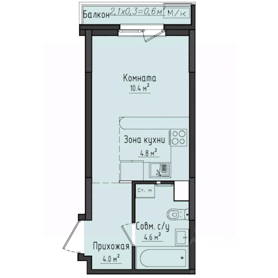 Студия, 24,4 м², 2/10 этаж