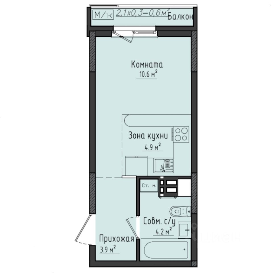 Студия, 24,1 м², 1/10 этаж