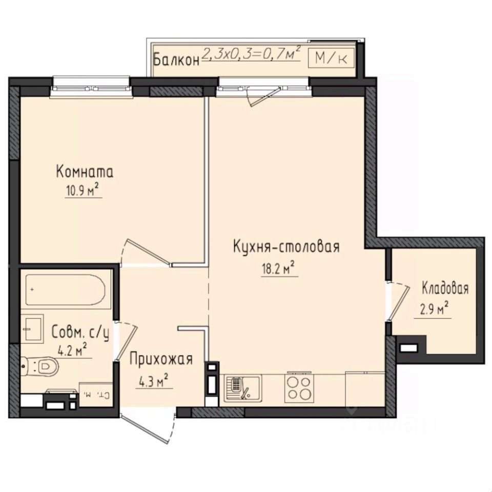 1-комн.кв., 41,2 м², 2/10 этаж