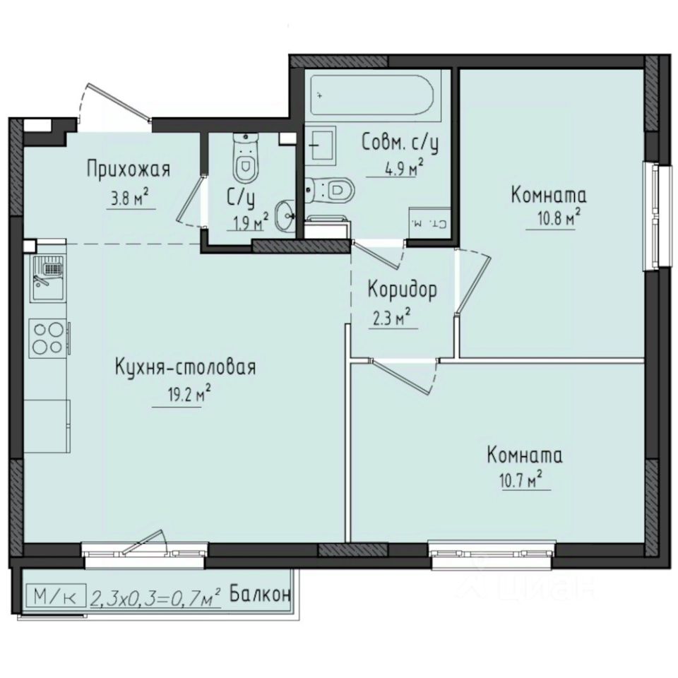 2-комн.кв., 54,3 м², 2/10 этаж