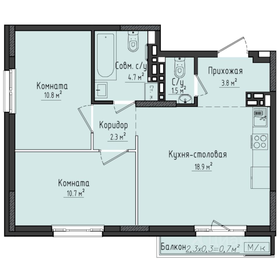 2-комн.кв., 53,4 м², 9/10 этаж