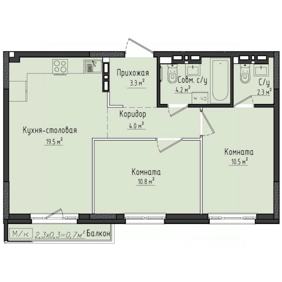 2-комн.кв., 55,3 м², 9/10 этаж