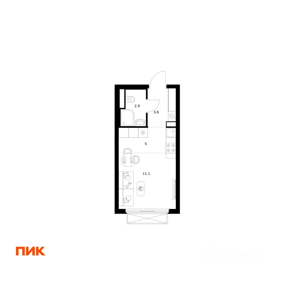 Студия, 22,6 м², 16/20 этаж