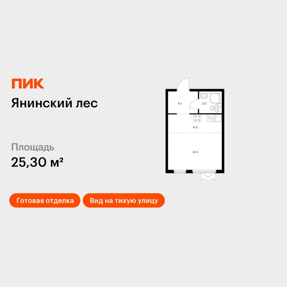 Студия, 25,3 м², 8/15 этаж
