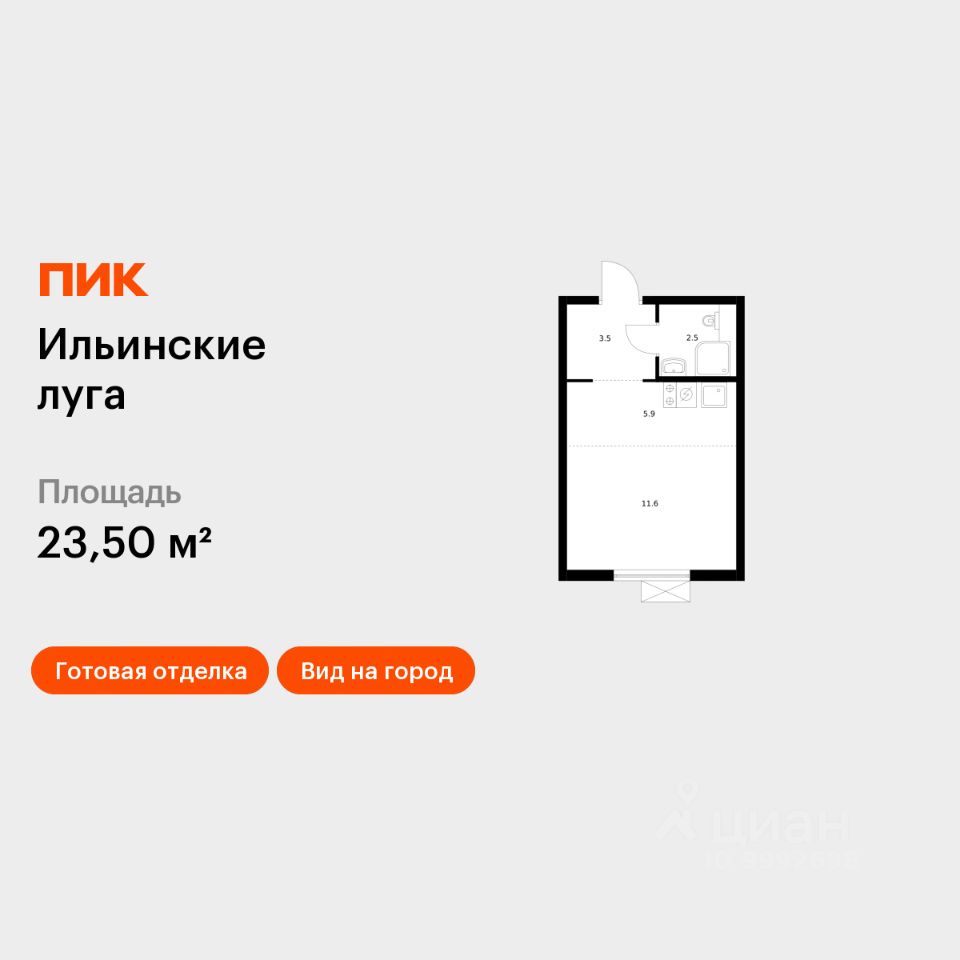 Студия, 23,5 м², 9/9 этаж