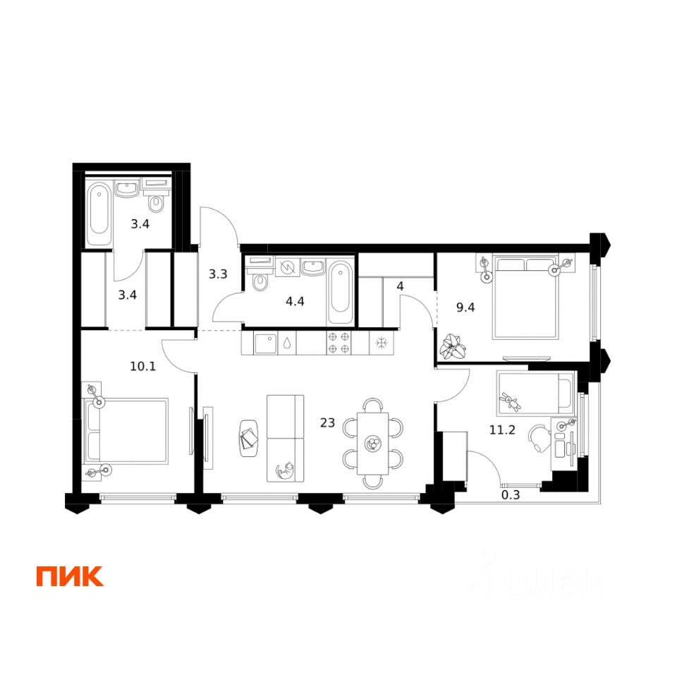 3-комн.кв., 72,5 м², 8/32 этаж