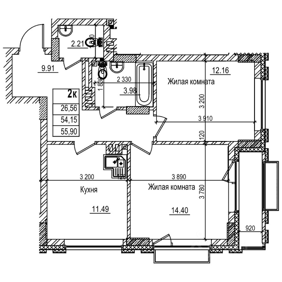 2-комн.кв., 54,1 м², 2/29 этаж