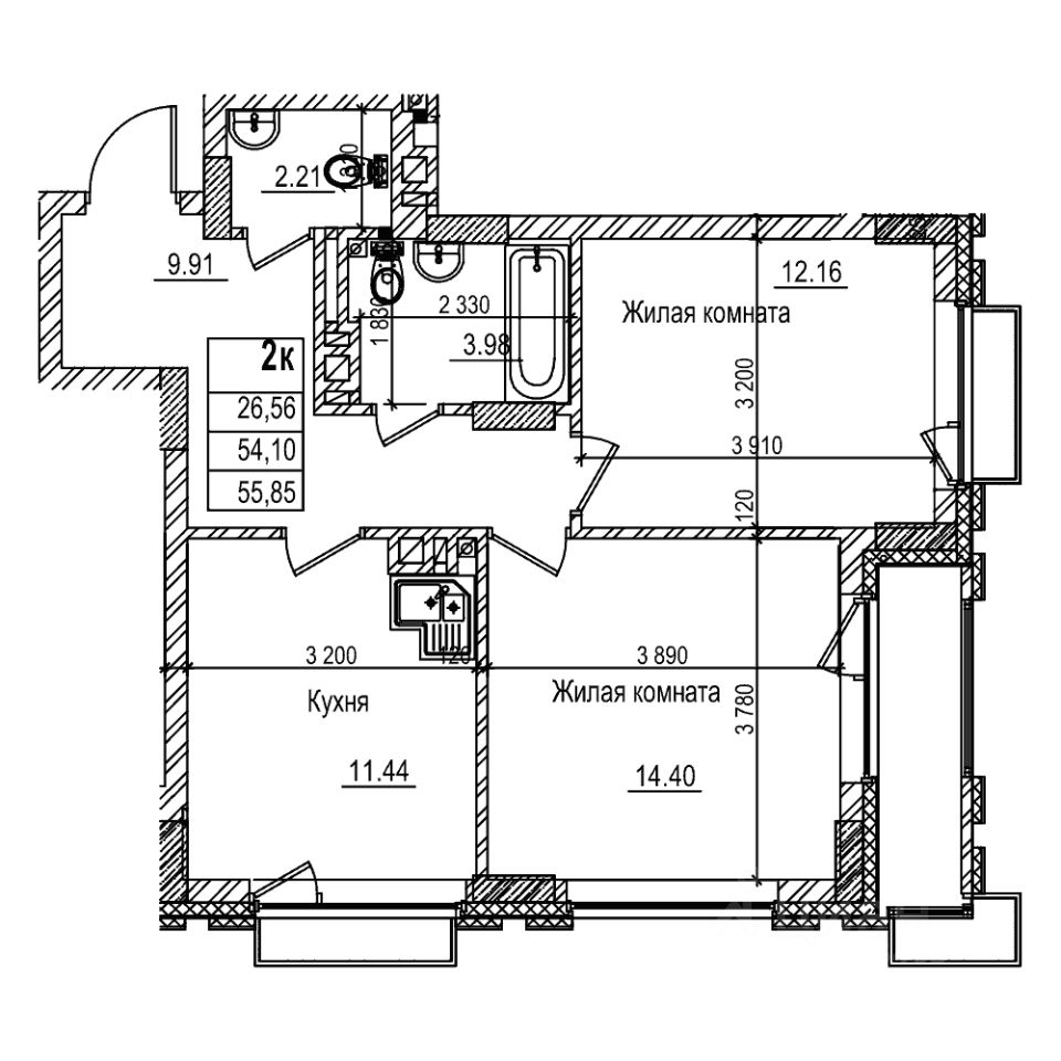 2-комн.кв., 54,1 м², 3/29 этаж