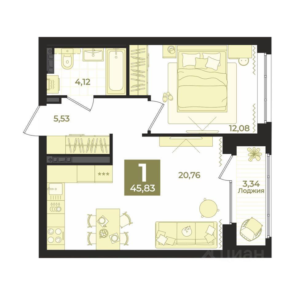 1-комн.кв., 45,8 м², 7/12 этаж