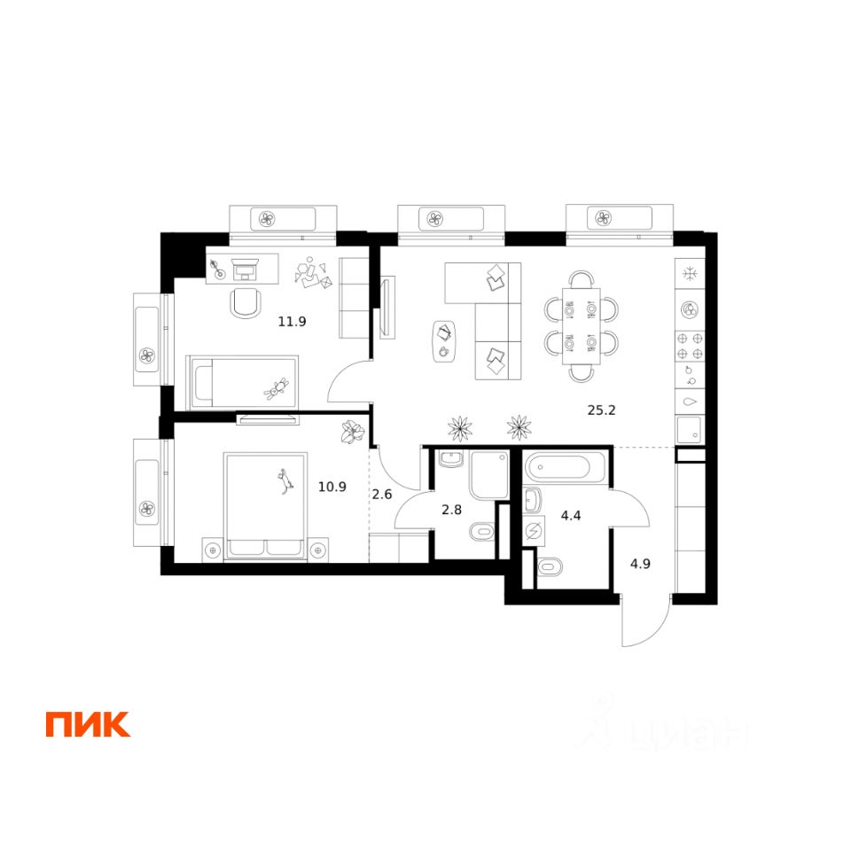 2-комн.кв., 62,7 м², 14/22 этаж
