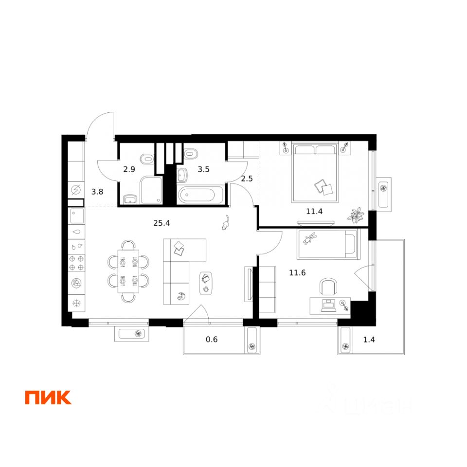 2-комн.кв., 63,1 м², 4/22 этаж