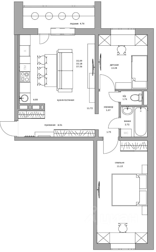 Планировка этой квартиры по данным Циан