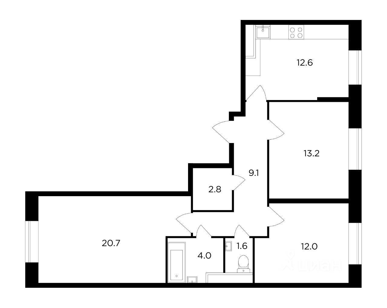 Планировка этой квартиры по данным Циан