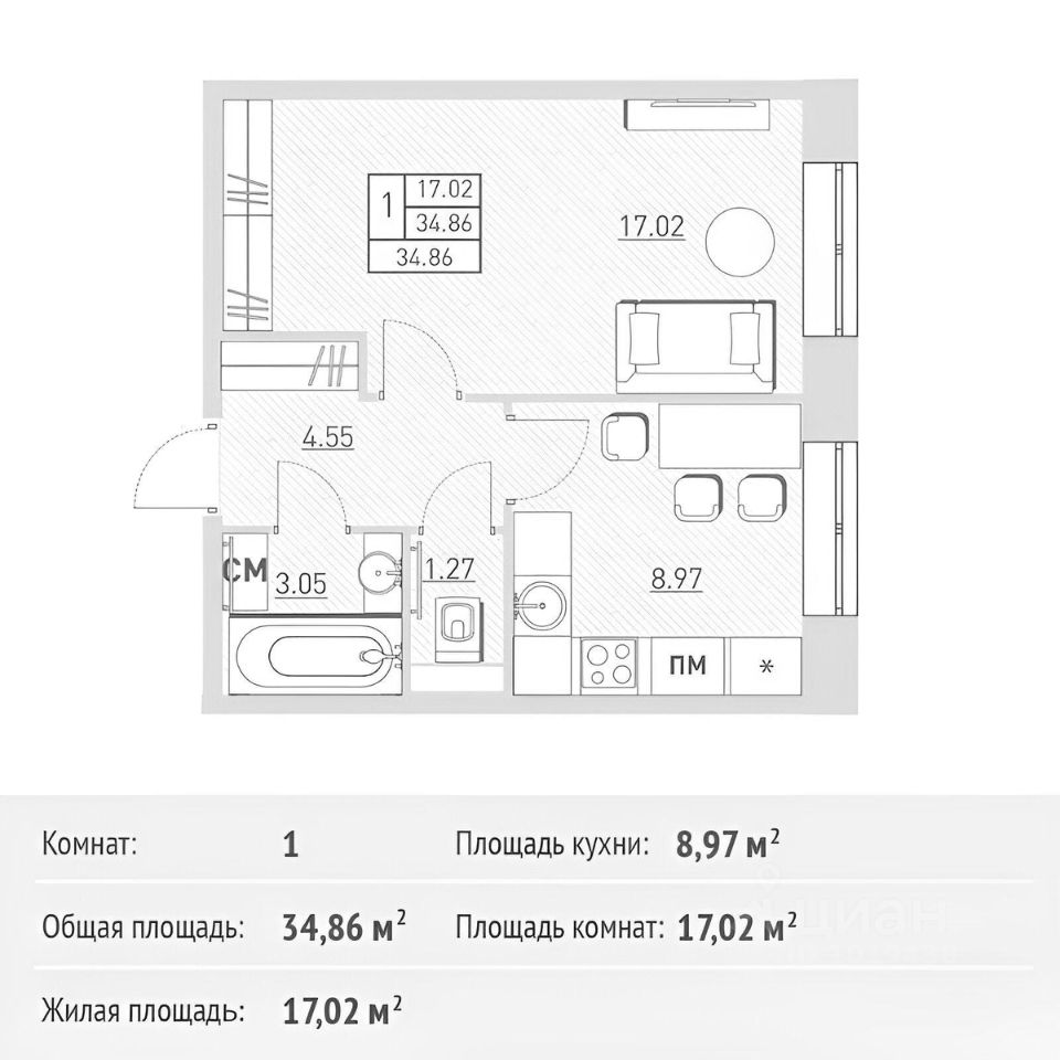 Планировка этой квартиры по данным Циан