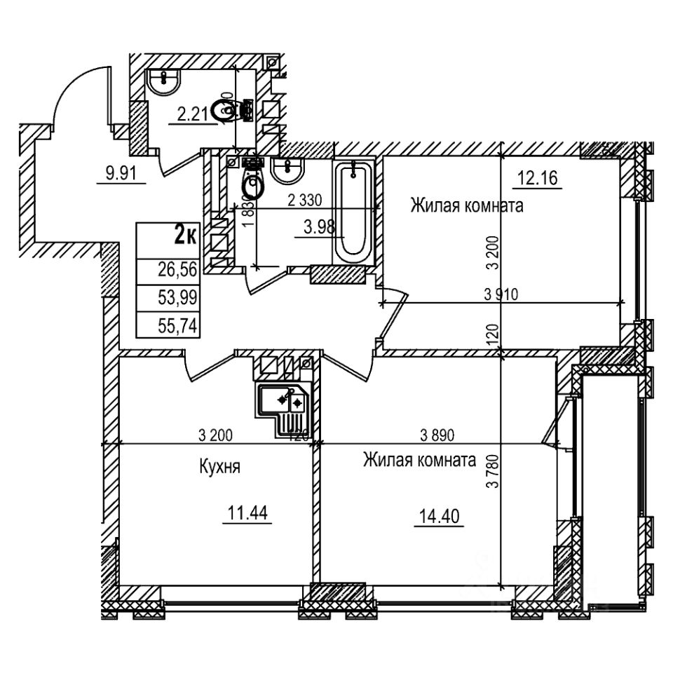 2-комн.кв., 53,9 м², 12/29 этаж