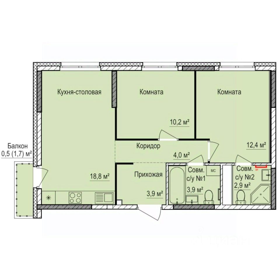 2-комн.кв., 56,6 м², 3/17 этаж