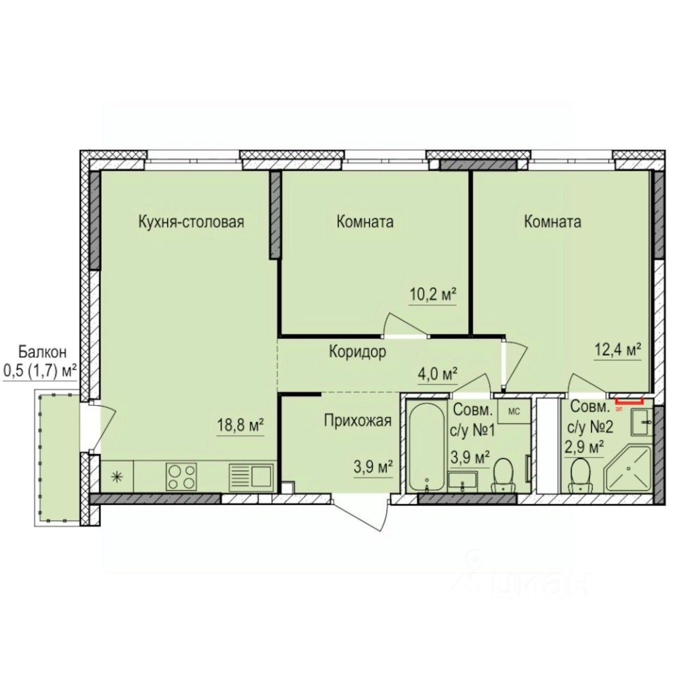 2-комн.кв., 56,6 м², 4/17 этаж