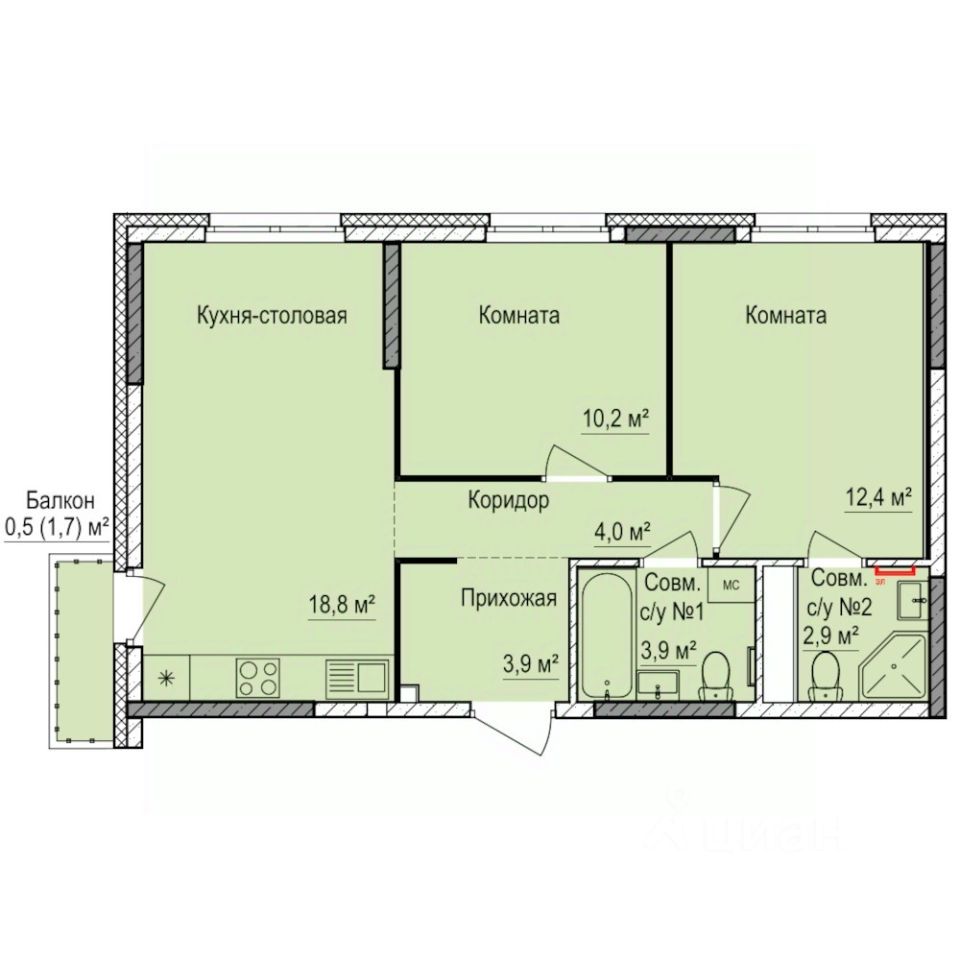 2-комн.кв., 56,6 м², 6/17 этаж