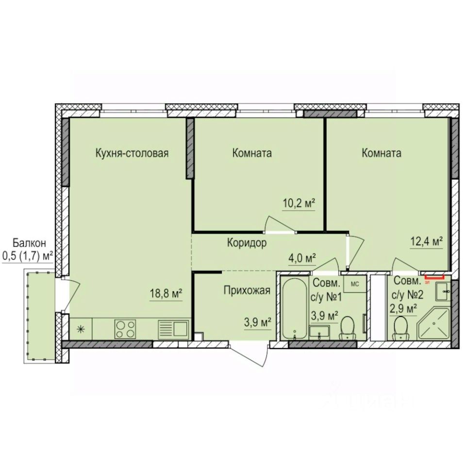 2-комн.кв., 56,6 м², 12/17 этаж