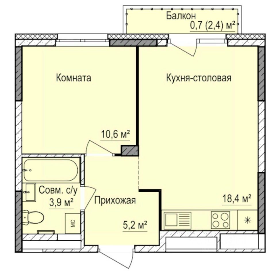 1-комн.кв., 38,7 м², 15/17 этаж