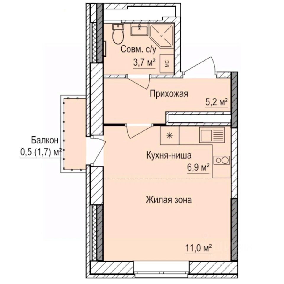 Студия, 27,3 м², 16/17 этаж