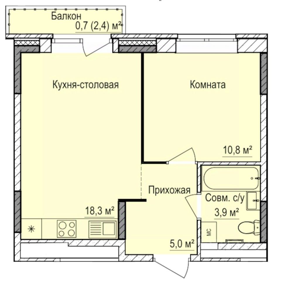 1-комн.кв., 38,7 м², 7/17 этаж
