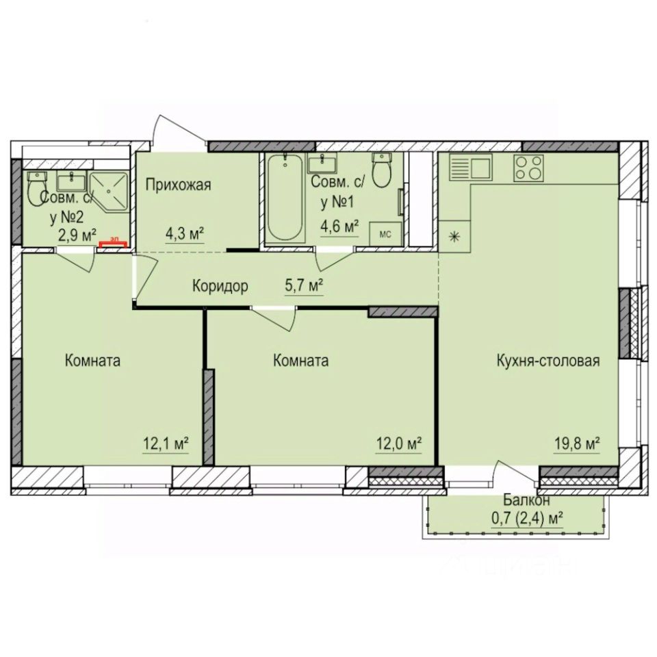 2-комн.кв., 62,1 м², 8/17 этаж