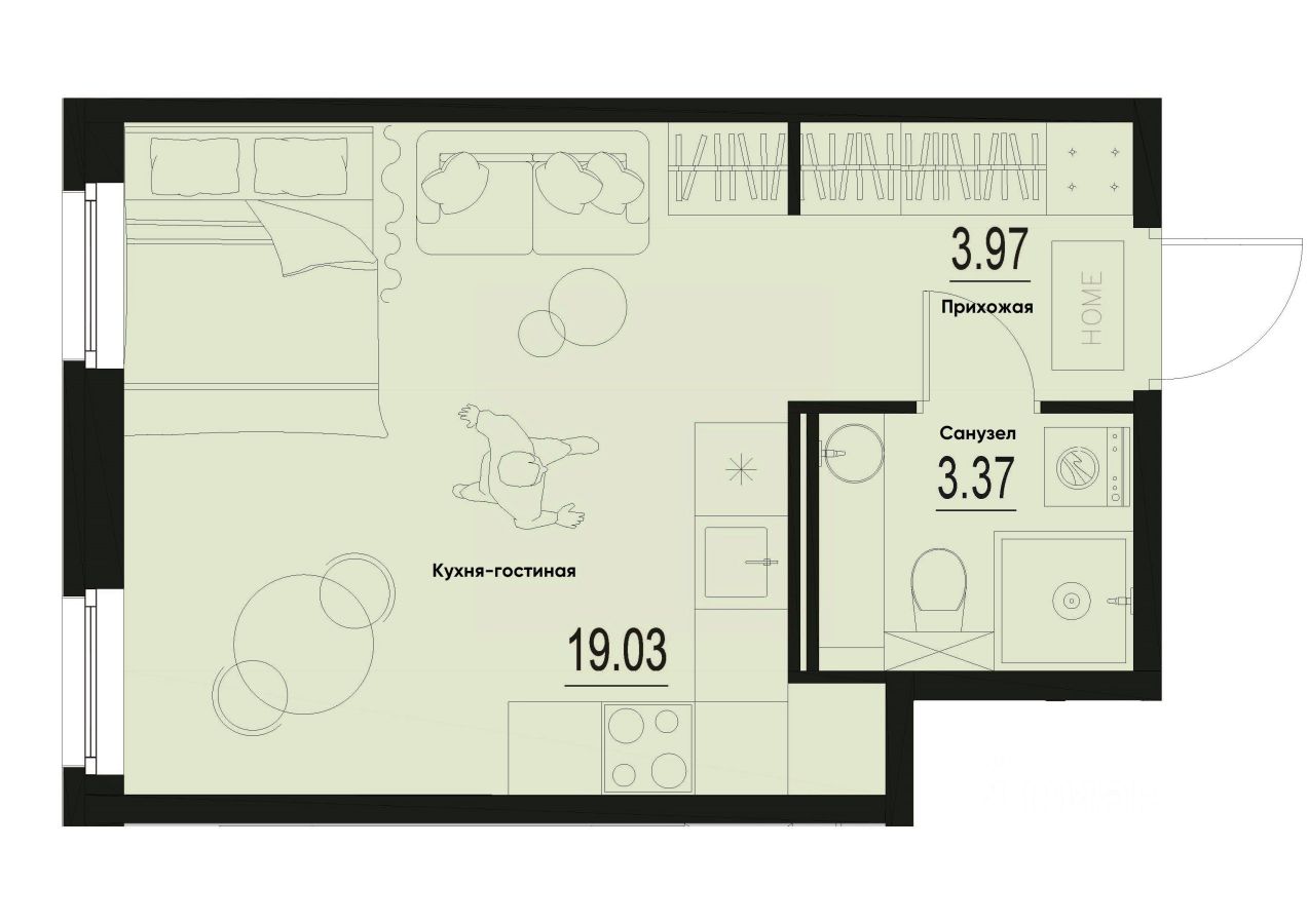 Студия, 26,4 м², 1/12 этаж