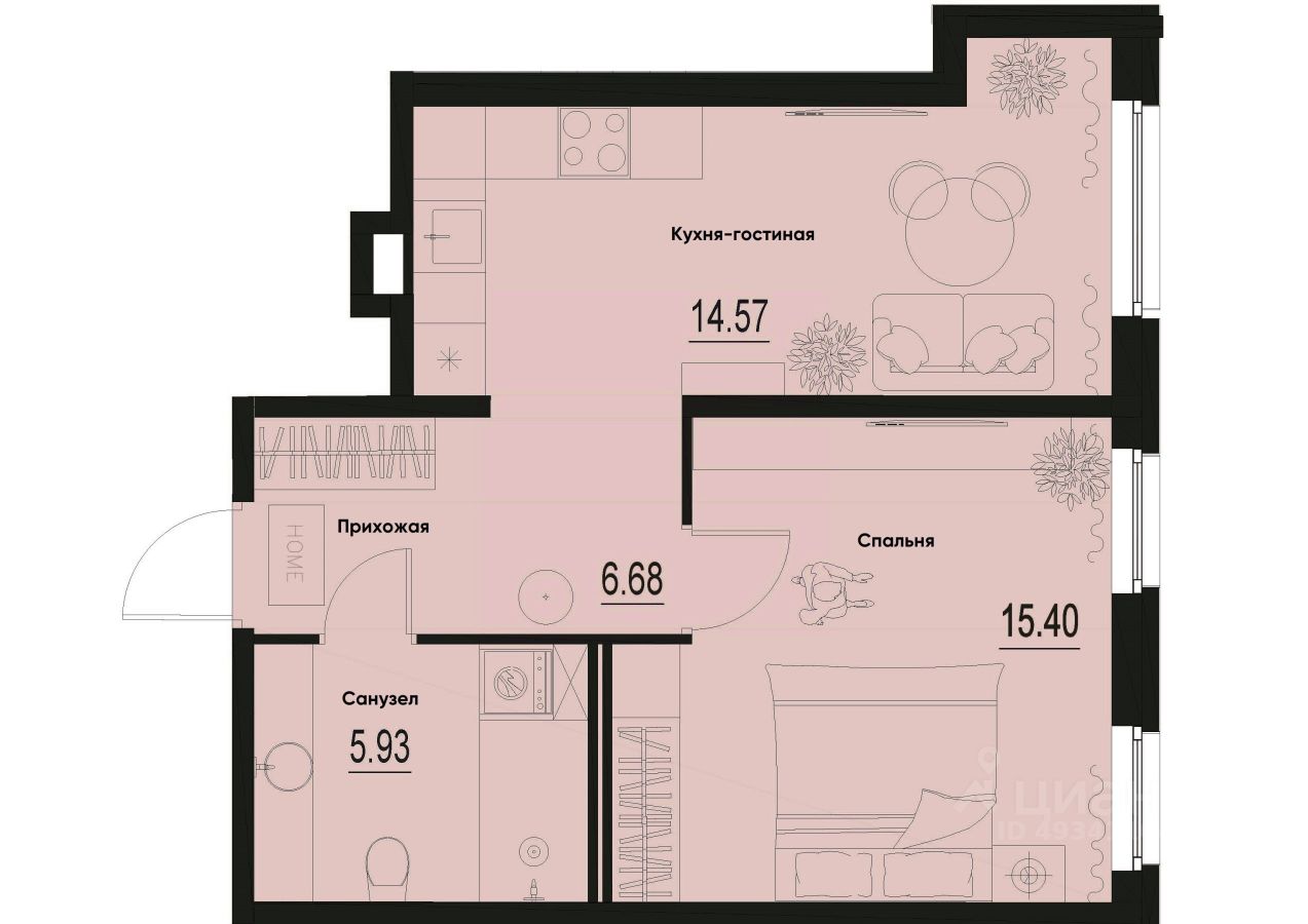1-комн.кв., 42,6 м², 1/12 этаж