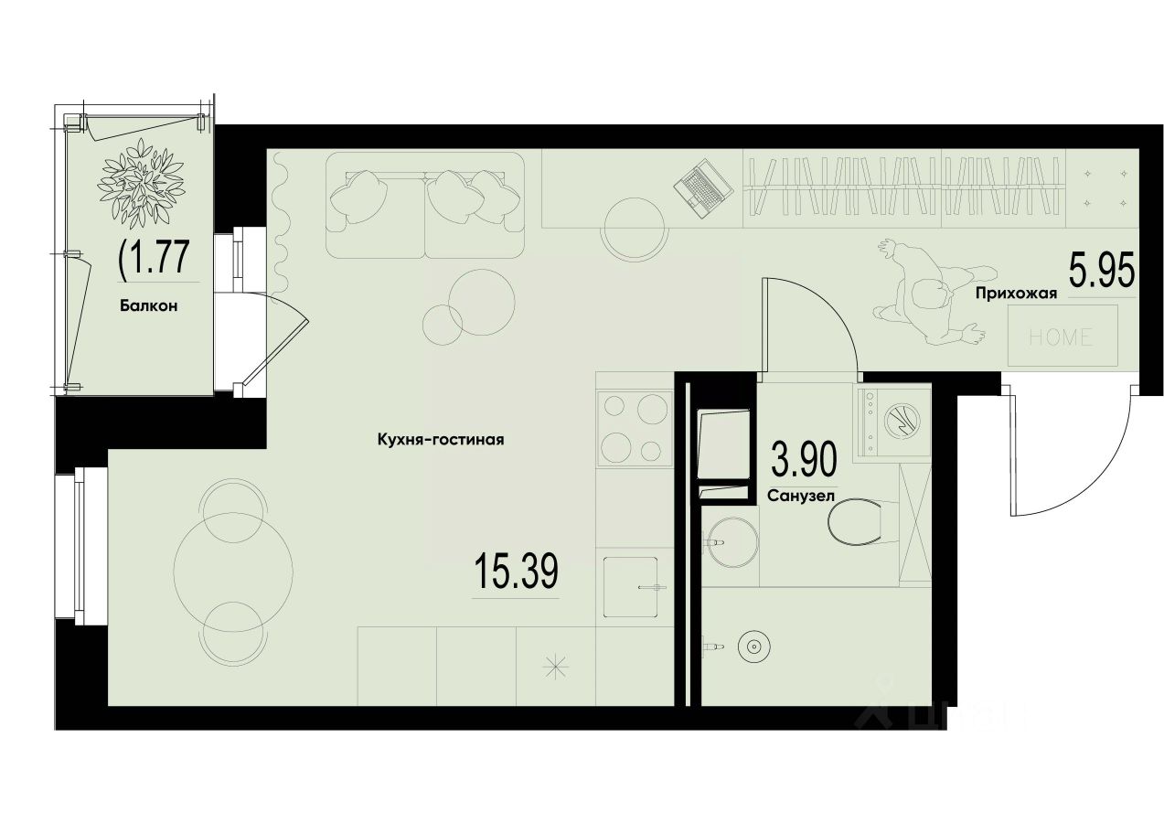Студия, 26,1 м², 4/12 этаж