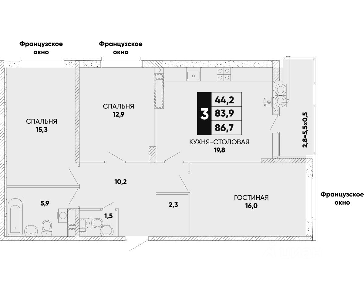 Планировка этой квартиры по данным Циан