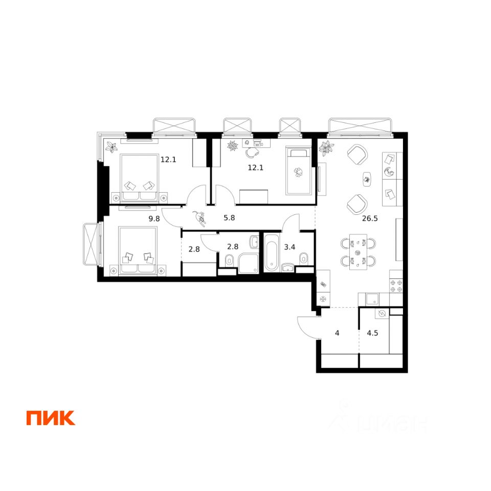 3-комн.кв., 83,8 м², 24/26 этаж