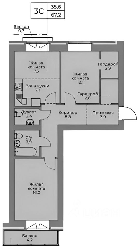 Планировка этой квартиры по данным Циан