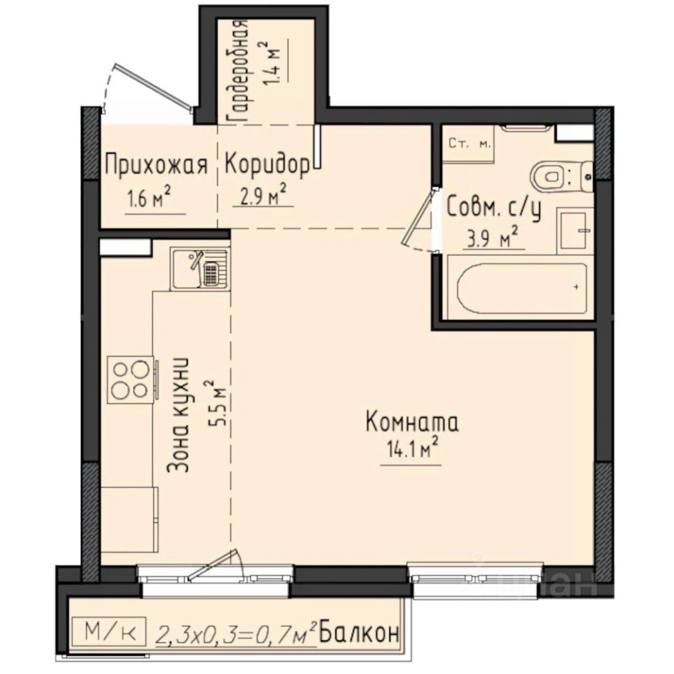 Студия, 30,1 м², 2/10 этаж