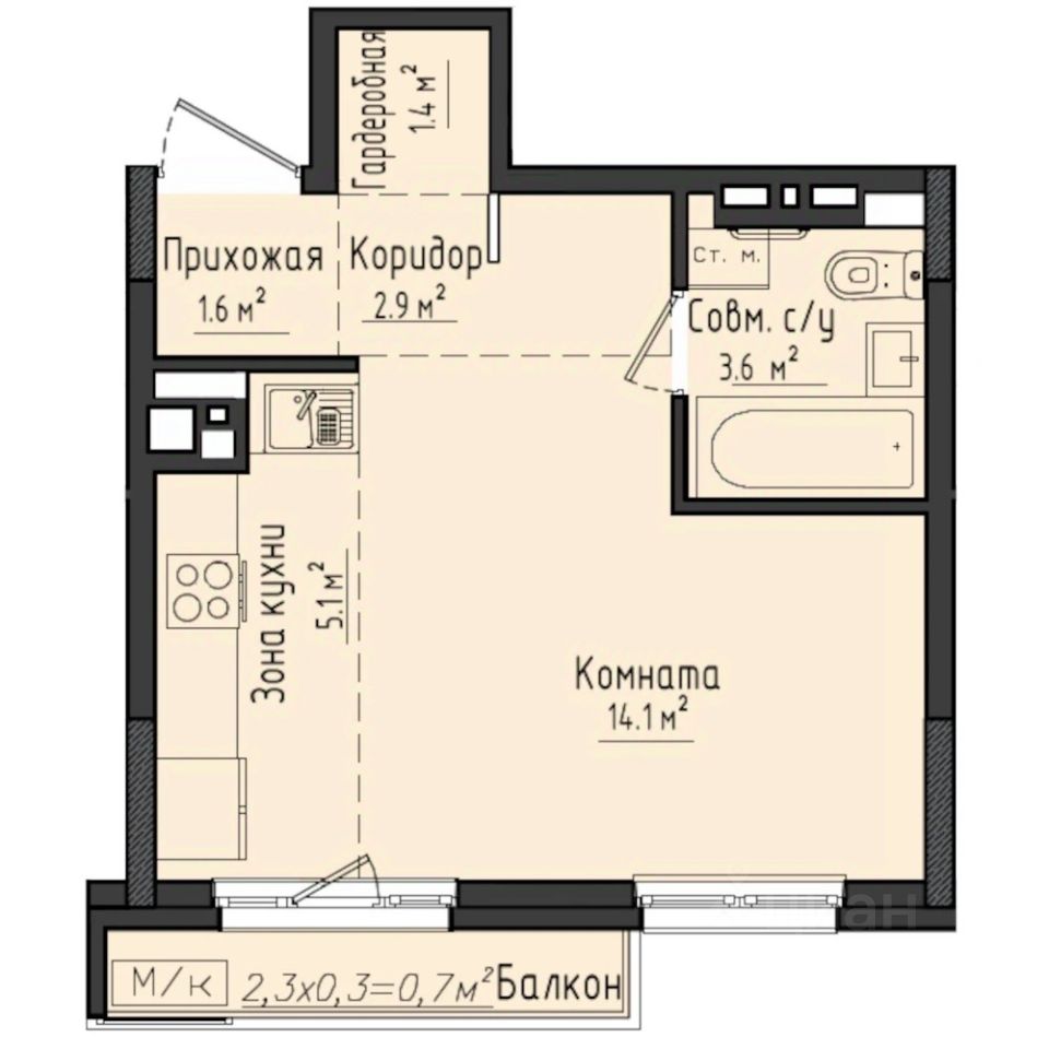 Студия, 29,4 м², 6/10 этаж